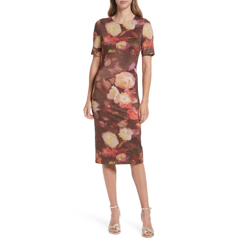 Black Halo Layne‎ Floral Print Short Sleeve Metallic Knit Midi Dress 14